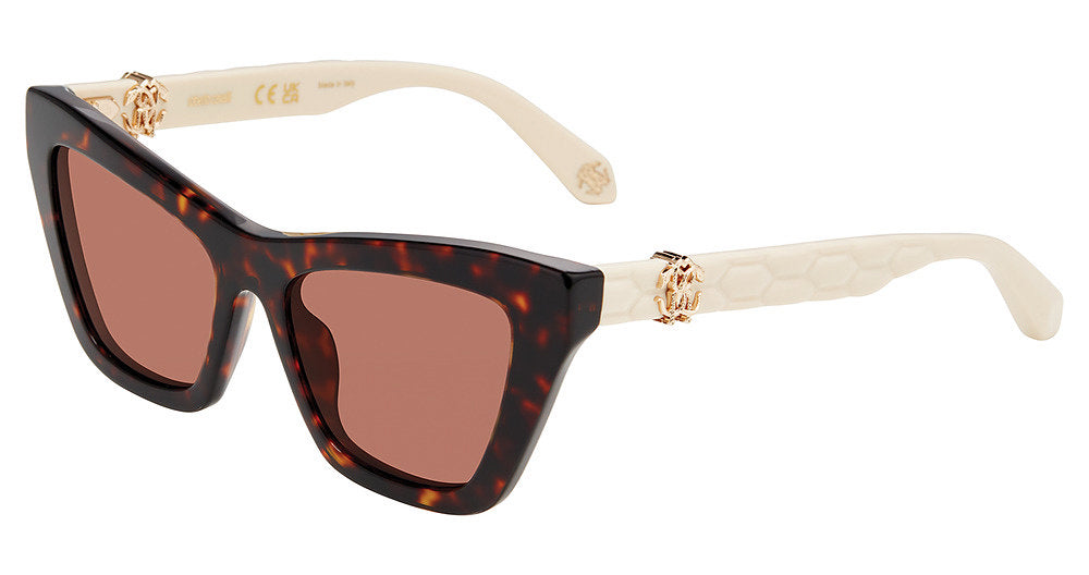 Roberto Cavalli SRC091M women's cat-eye full-rim sunglasses in Havana with brown-and-amber mottling, warm brown lenses, cream-toned temples, and gold-toned logo accents.