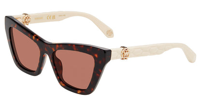 Roberto Cavalli SRC091M women's cat-eye full-rim sunglasses in Havana with brown-and-amber mottling, warm brown lenses, cream-toned temples, and gold-toned logo accents.