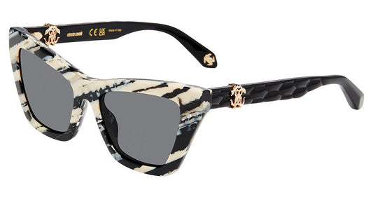 Roberto Cavalli SRC091M women's cat-eye full-rim sunglasses in Animal Fantasy with black-and-cream patterning, gray lenses, textured black temples, and gold-toned logo accents.

