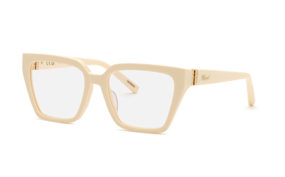 Chopard VCH419M women's square full-rim eyeglasses in Beige with gold-tone temple accents.

