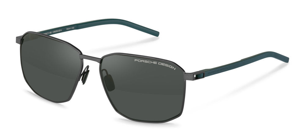 Porsche Design P8989 men's full-rim geometric sunglasses in Black Blue W Gray, with a dark front, blue-toned temples and gray lenses.

