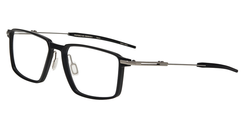 Porsche Design P81006 men's square full-rim eyeglasses in Black Dark Grey, with a black front, silver-tone temples, dark tips and separate nose pads.

