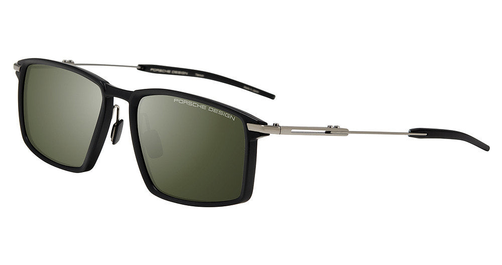 Porsche Design P86006 men's square full-rim sunglasses in Black Dk Grey, with a black front, slim silver-tone temples and black temple tips.


