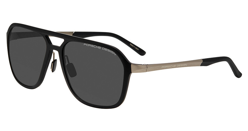 Porsche Design P86003 men's full-rim navigator sunglasses in Black Dk Grey, with dark gray lenses, light metallic-tone temple sections and black tips.


