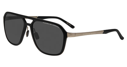 Porsche Design P86003 men's full-rim navigator sunglasses in Black Dk Grey, with dark gray lenses, light metallic-tone temple sections and black tips.

