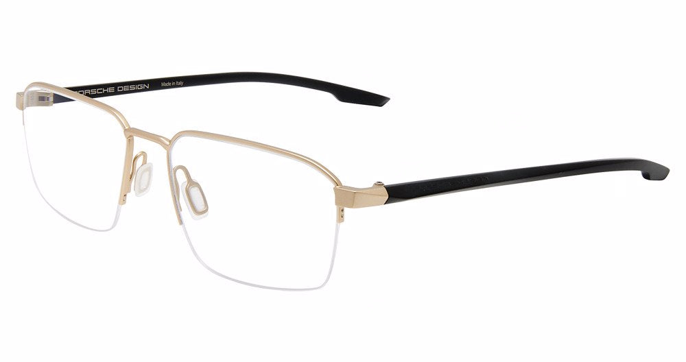 Porsche Design P8763 men's rectangle eyeglasses in Black Gold, with a gold-tone upper front and bridge, separate nose pads, and slim black temples.

