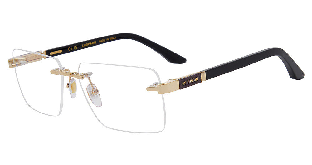 Chopard VCHM07 men's square rimless eyeglasses in Black Gold with gold-tone bridge and black temples.⠋

