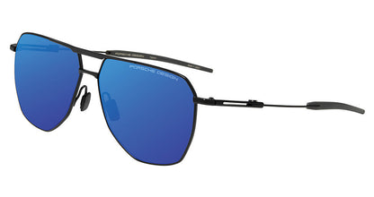 Porsche Design P86005 men's full-rim navigator sunglasses in Black Grey Blue Mirror, with vivid blue reflective-looking lenses, a double bridge and dark temples.

