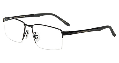 Porsche Design P81005 men's square semi-rimless eyeglasses in Black Grey, with black upper rims and temples, gray tips and exposed lower lens edges.