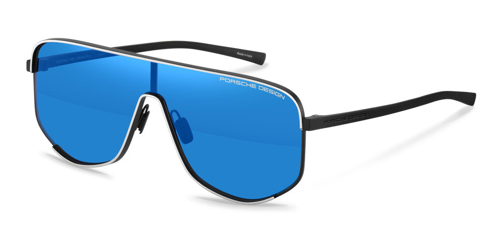 Porsche Design P86007 men's shield sunglasses in Black Palladium Blue Mir, with a blue reflective shield, silver-tone outline and black temples.

