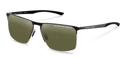 Porsche Design P8964 men's navigator full-rim sunglasses in Black Palladium with a black upper outline, silver-tone lower rims and olive-toned lenses.

