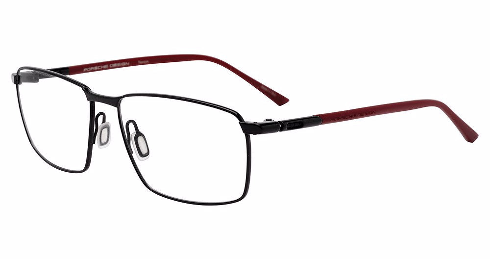 Porsche Design P8766 men's square eyeglasses in Black Red Titanium, with fine black rims, deep red temples and separate nose pads.

