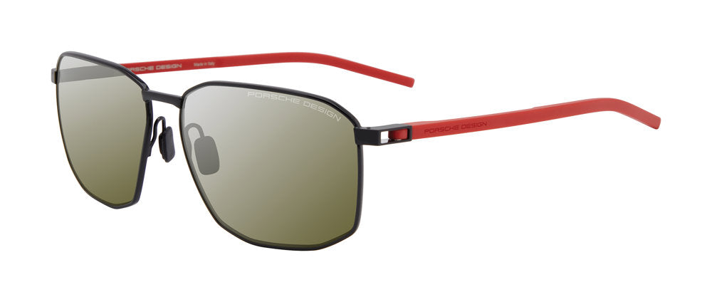 Porsche Design P8989 men's full-rim geometric sunglasses in Black Red W Smoke, with a dark front, red temples and reflective-looking lenses.

