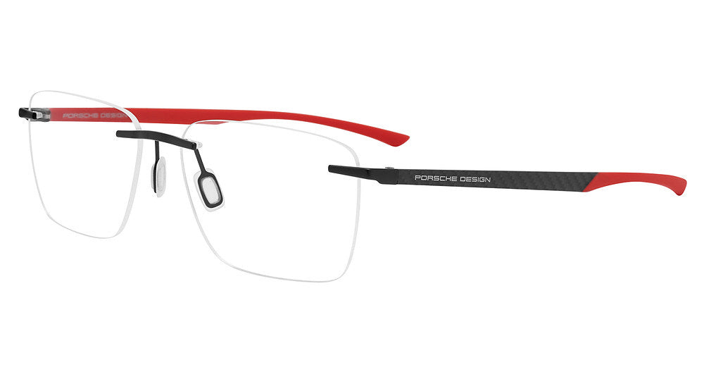 Black Red:
Porsche Design P8774 Eyeglasses in Black Red — men's rimless hinge-free frame
