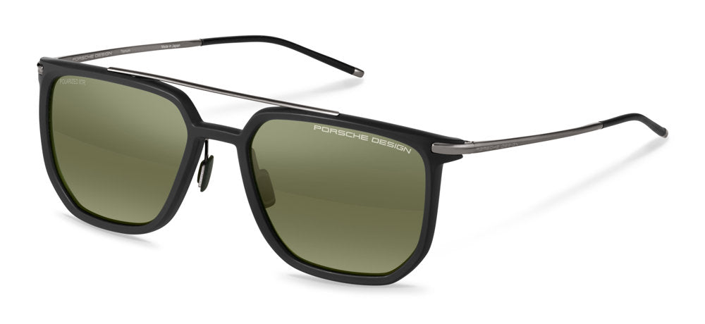 Porsche Design P8992 men's full-rim navigator sunglasses in Black W Green Mirror, with olive-green reflective-looking lenses, a double bridge and slim silver-tone temples.

