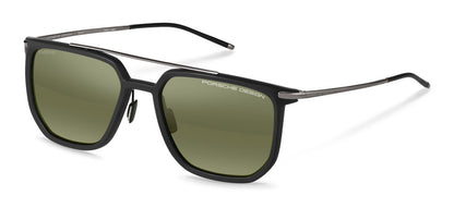 Porsche Design P8992 men's full-rim navigator sunglasses in Black W Green Mirror, with olive-green reflective-looking lenses, a double bridge and slim silver-tone temples.


