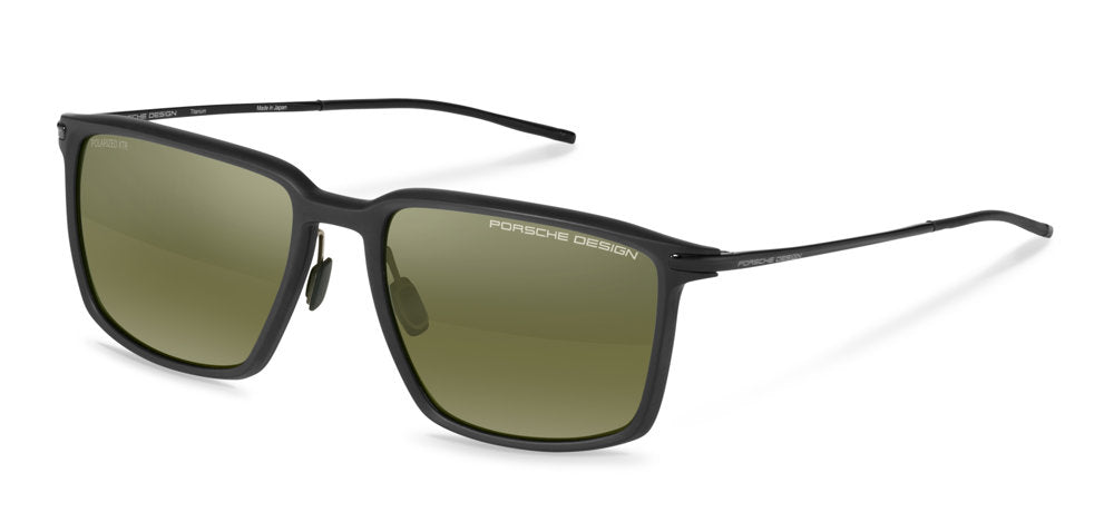 Porsche Design P8991 men's full-rim square sunglasses in Black W Green Mirror, with a dark front, olive-green reflective-looking lenses and slim black temples.

