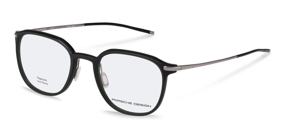 Porsche Design P8785 men's full-rim eyeglasses in Black W Silver, with a rounded black front, silver-tone temples and separate nose pads.