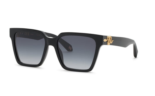 Roberto Cavalli SRC153M unisex square plastic sunglasses in Black w Smoke Grad with gray gradient-looking lenses and sculptural gold-toned temple accents.

