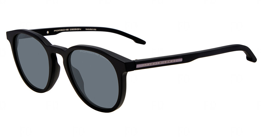 Porsche Design P86025 men's pantos plastic sunglasses in Black, with black full rims, gray lenses and contrasting inset temple accents.

