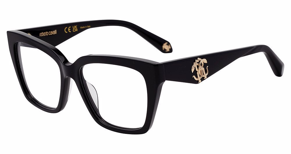 Roberto Cavalli VRC112 women's butterfly plastic eyeglasses in Black with full rims and gold-tone temple emblems.

