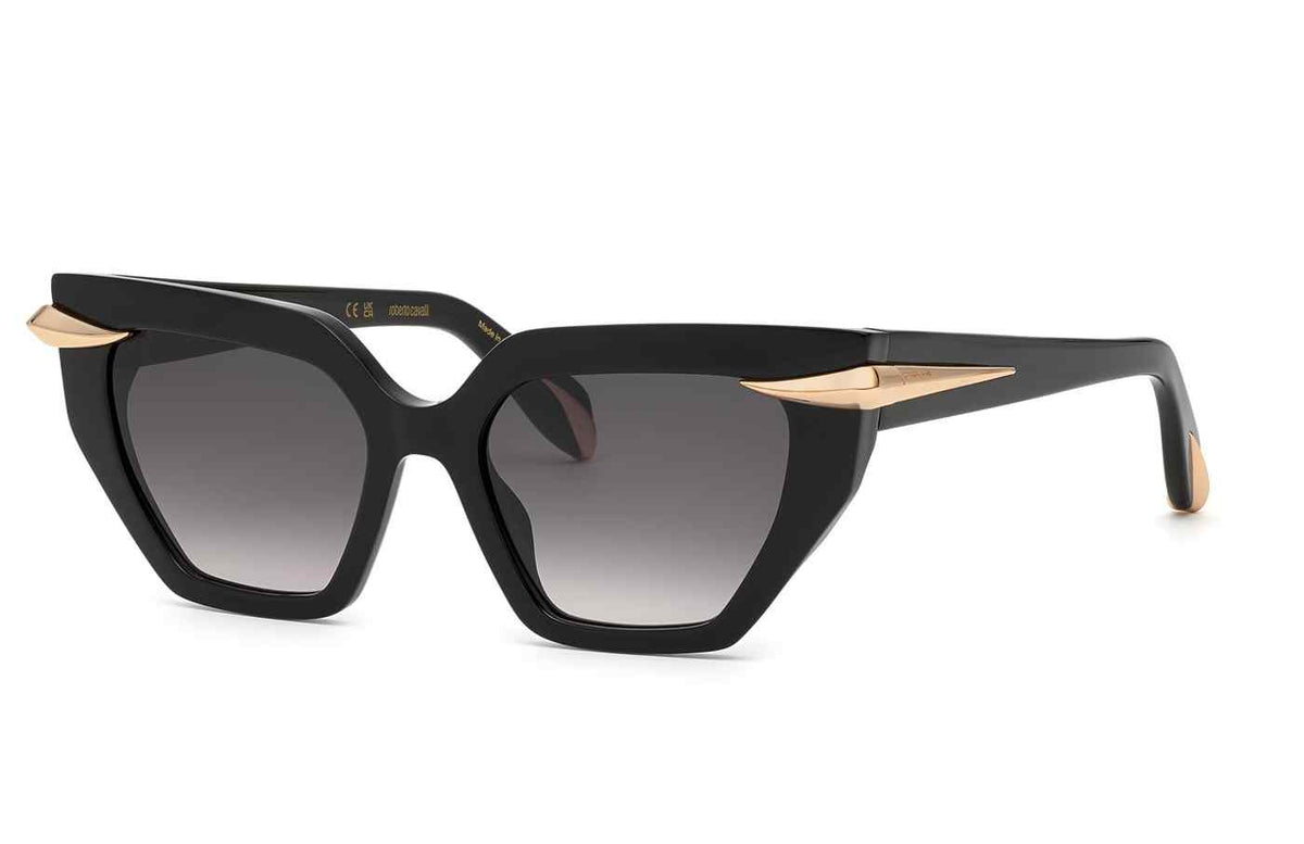 Roberto Cavalli SRC001M unisex geometric sunglasses in Black with full rims, gray gradient-looking lenses, and gold-toned corner accents.

