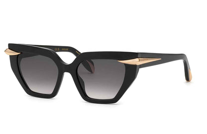Roberto Cavalli SRC001M unisex geometric sunglasses in Black with full rims, gray gradient-looking lenses, and gold-toned corner accents.

