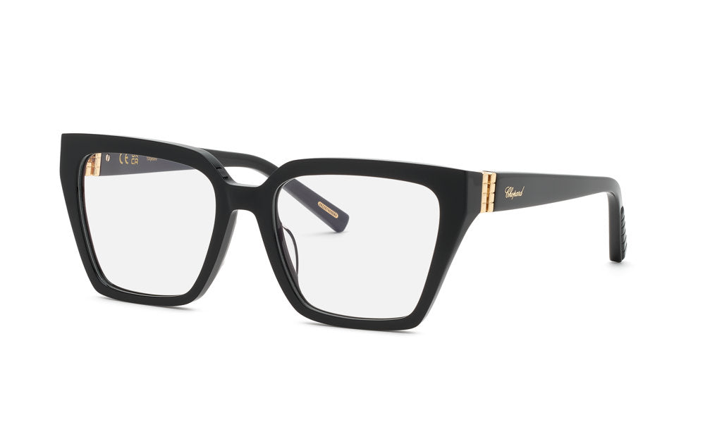Chopard VCH419M women's square full-rim eyeglasses in Black with gold-tone temple accents.