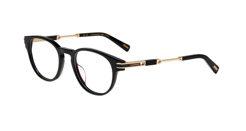 Chopard VCH425 men's pantos full-rim eyeglasses in Black with gold-tone temple detailing.

