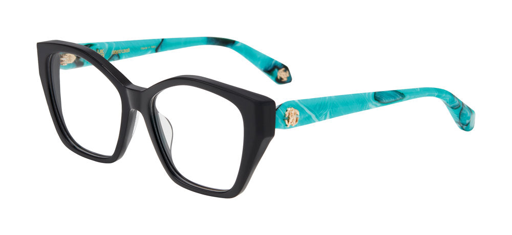 Roberto Cavalli VRC164M women's geometric full-rim eyeglasses in Black with turquoise-patterned temples and gold-tone emblems.


