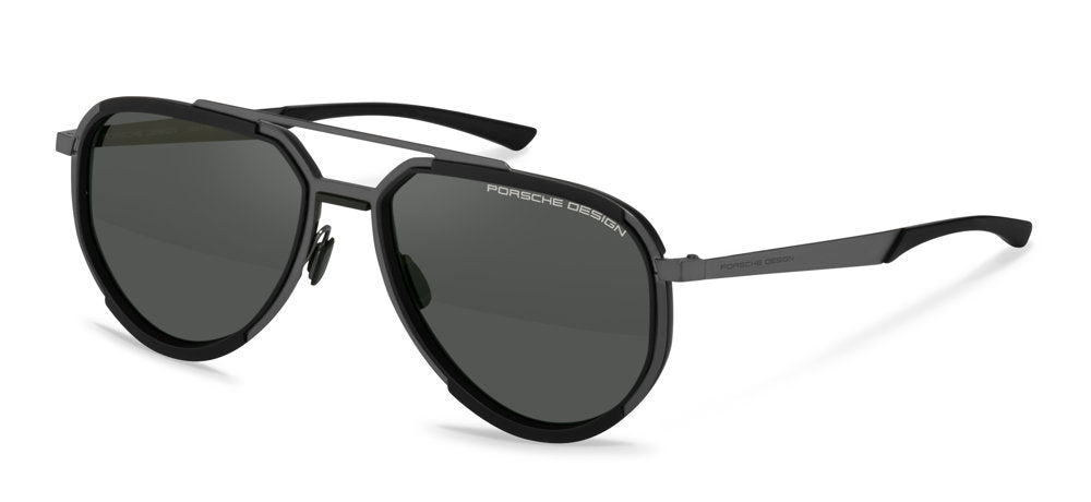Porsche Design P8994 men's full-rim navigator sunglasses in Black, with dark lenses, layered-looking rims, an upper bridge bar and gray-tone temples with black tips.


