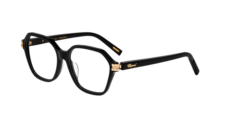 Chopard VCH429S women's square full-rim eyeglasses in Black with gold-tone temple accents.