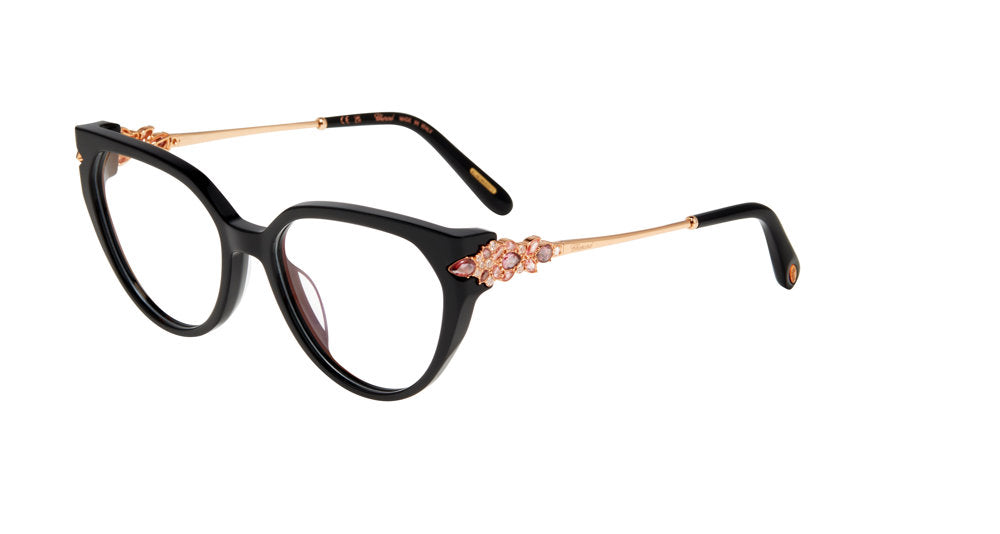 Chopard VCH431S women's geometric full-rim eyeglasses in Black (700K) with ornate rose-tone temple accents.⠋