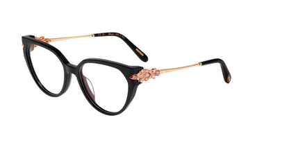 Chopard VCH431S women's geometric full-rim eyeglasses in Black (700K) with ornate rose-tone temple accents.⠋