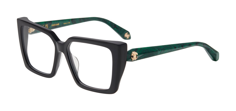 Roberto Cavalli VRC163M women's square full-rim eyeglasses in Black with green-patterned temples and gold-tone emblems.

