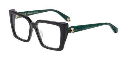 Roberto Cavalli VRC163M women's square full-rim eyeglasses in Black with green-patterned temples and gold-tone emblems.

