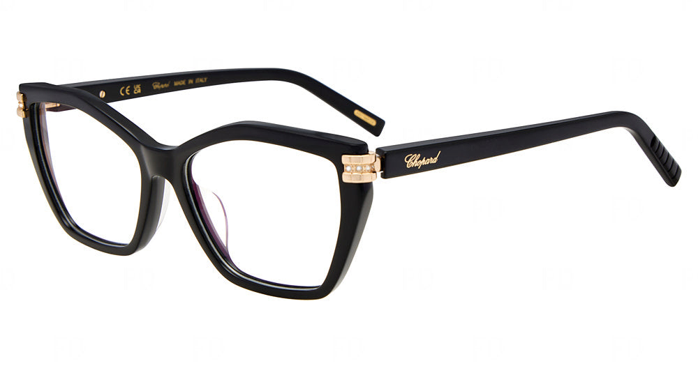 Chopard VCH445S women's geometric plastic eyeglasses in Black with gold-tone temple accents.

