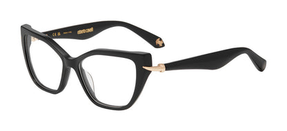 Roberto Cavalli VRC161M women's butterfly full-rim eyeglasses in Black with tapered gold-tone side accents.

