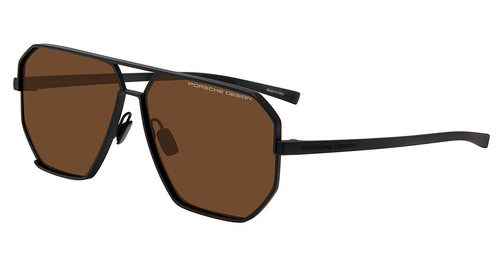 Porsche Design P8995 men's full-rim navigator sunglasses in Black, with brown lenses, angular rims, a double bridge and black temples.

