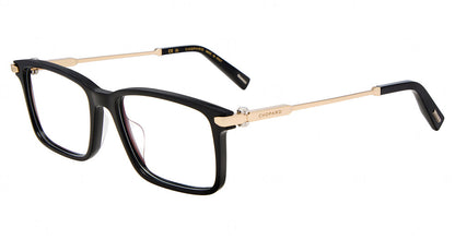 Chopard VCH437 men's square plastic eyeglasses in Black with gold-tone temples.

