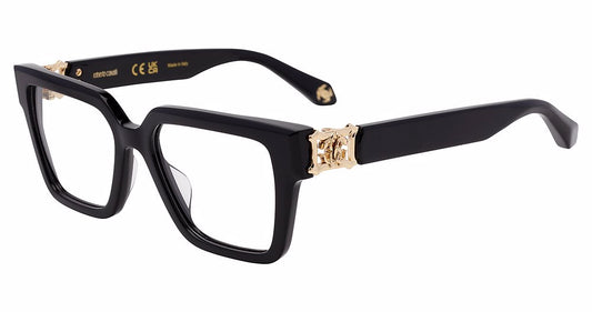 Roberto Cavalli VRC100 women's geometric plastic eyeglasses in Black with full rims, sharply angular corners, and decorative gold-tone temple accents.

