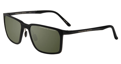 Porsche Design P86002 men's full-rim square sunglasses in Black, with olive-toned lenses and black branded temples.

