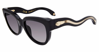 Roberto Cavalli SRC054 women's butterfly plastic sunglasses in Black with full rims, gray gradient-looking lenses, and gold-toned snake temple accents.