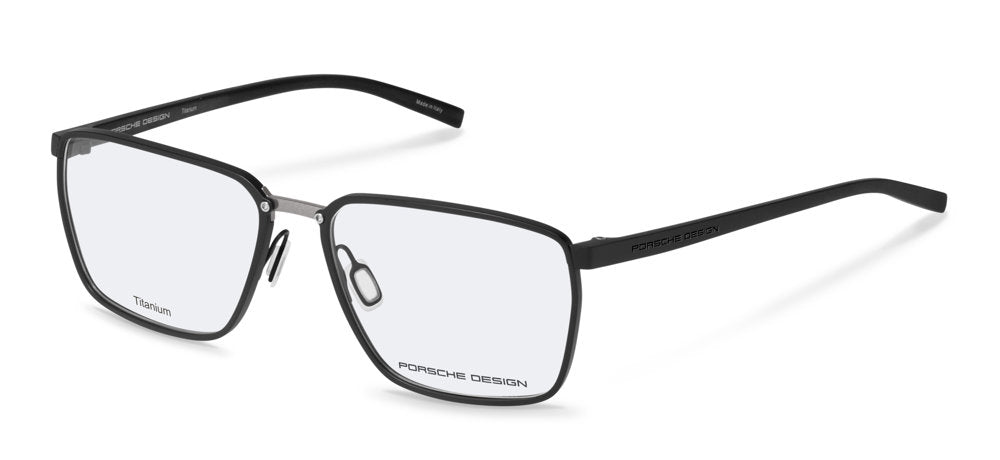 Porsche Design P8787 men's square full-rim eyeglasses in Black, with a contrasting bridge, slim black temples and separate nose pads.

