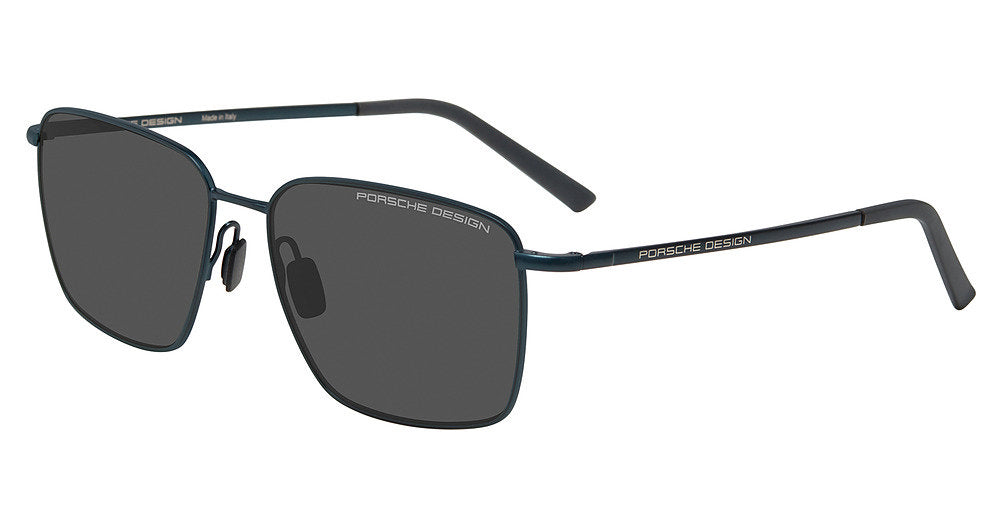 Porsche Design P86001 men's full-rim square sunglasses in Blue Dark Grey, with dark gray lenses, slim blue-toned temples and dark tips.

