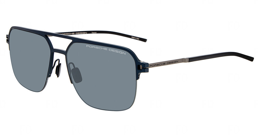Porsche Design P86015 men's navigator metal sunglasses in Blue Dk Grey, with gray lenses, a double bridge and silver-tone temple sections.

