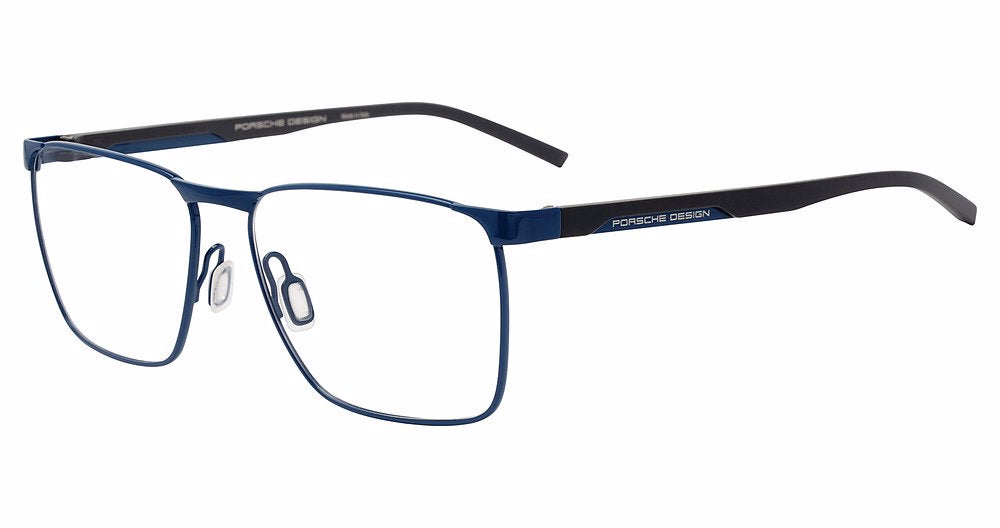 Porsche Design P8776 men's square eyeglasses in Blue Grey Metal, with a blue-tone front, dark temples and blue accents.

