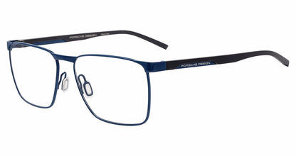 Porsche Design P8776 men's square eyeglasses in Blue Grey Metal, with a blue-tone front, dark temples and blue accents.

