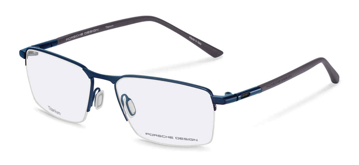 Porsche Design P8765 men's square titanium eyeglasses in Blue Grey Titanium, with a deep blue upper rim, gray temples and separate nose pads.

