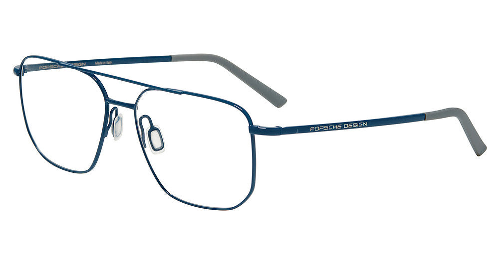 Porsche Design P81002 men's navigator full-rim eyeglasses in Blue Grey, with a blue-tone double bridge, slim temples and gray tips.

